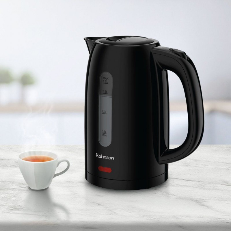 Fierbator electric Rohnson R7038, 2200 W, 1,7 L,baza pivotanta 360°, oprire automata, protectie supraincalzire, filtru anticalcar detasabil, Negru